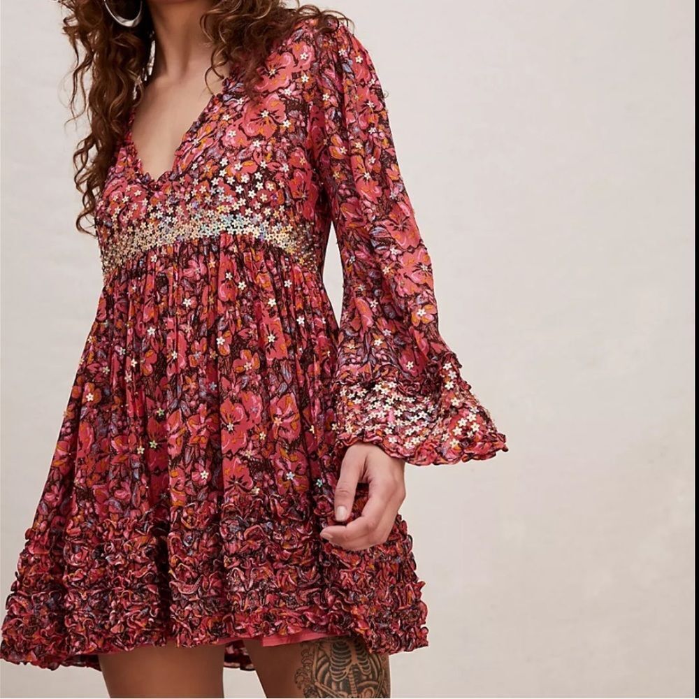 Free People Red Floral Mini Dress with Pink & Orange Accents